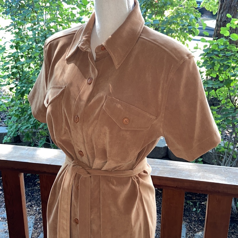 Vintage Western Camel Midi Shirt Dress Faux Suede Belted Rodeo Utility Safari